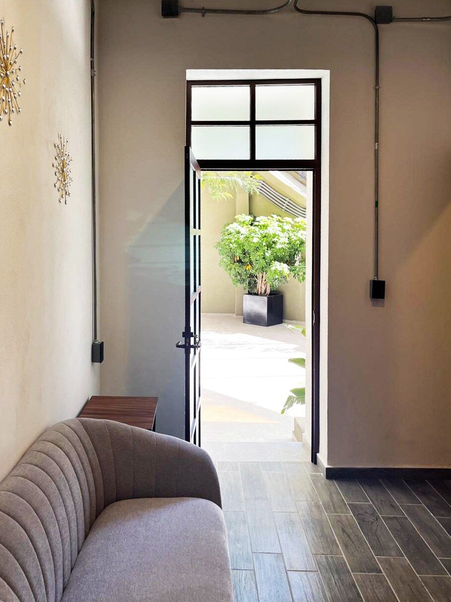 Um espaço interno com sofá, porta que dá para área externa com planta em vaso e luminária fixada na parede.