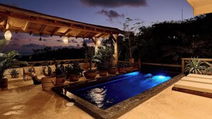 Une piscine extérieure surmontée d’une pergola en bois, entourée de plantes en pot et agrémentée d’un espace de détente.
