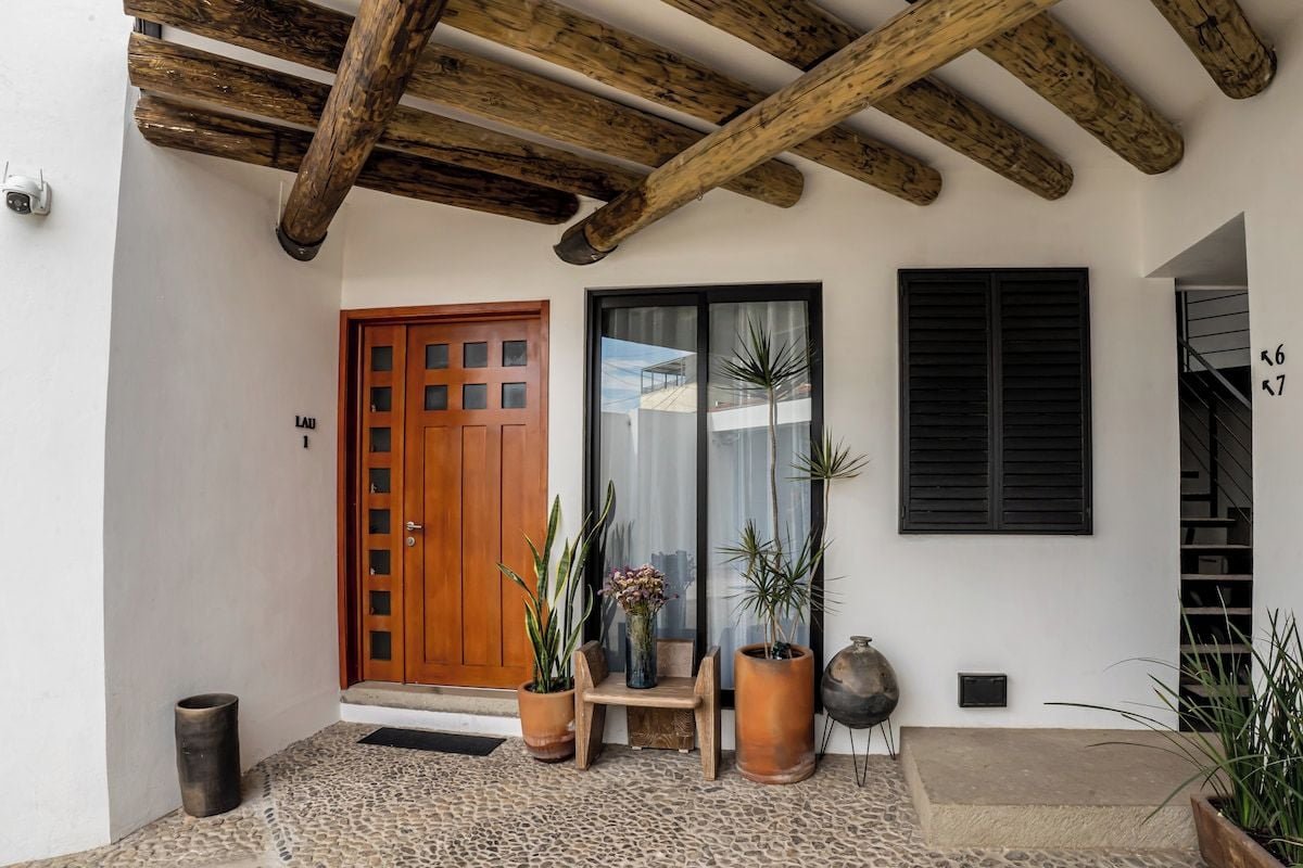 A wooden door, a window with shutters, and potted plants.