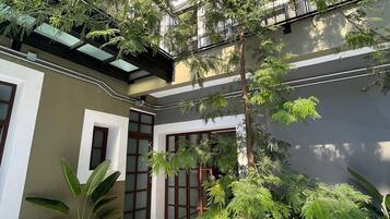 Um edifício moderno com grandes janelas, um pátio com plantas e uma escadaria de metal.