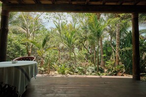 An outdoor covered area with a table and chairs, surrounded by dense tropical vegetation.