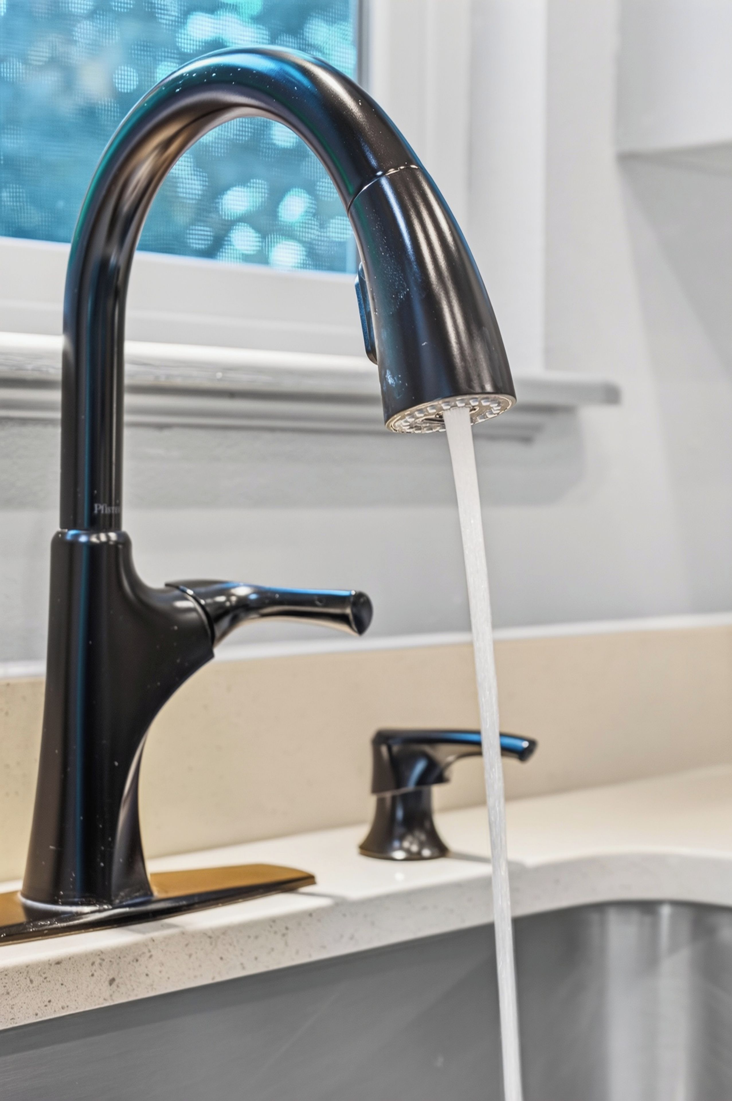 A kitchen sink with a modern faucet and a second faucet in the background.