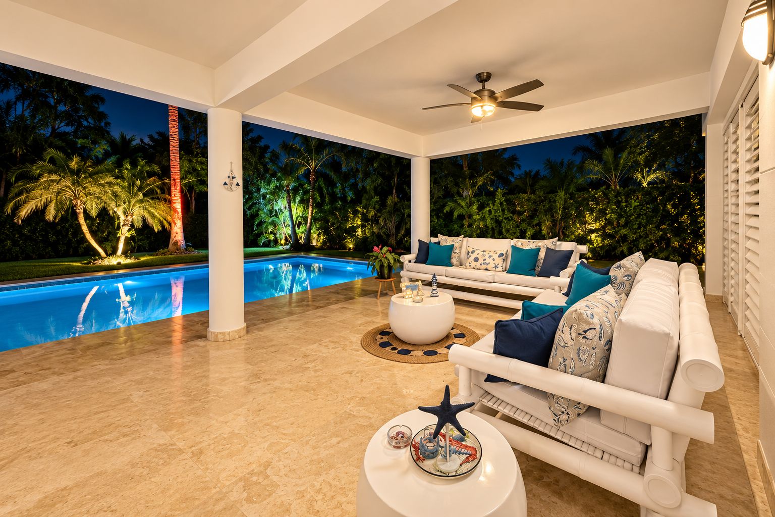 A modern outdoor living area with a pool, white furniture, and a ceiling fan.