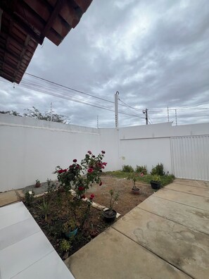 A residential backyard with a concrete patio, potted plants, and a white wall.
