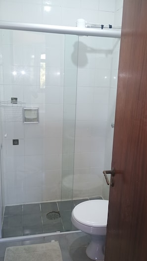 Une salle de bain avec une douche à parois de verre, des toilettes blanches et une porte en bois.