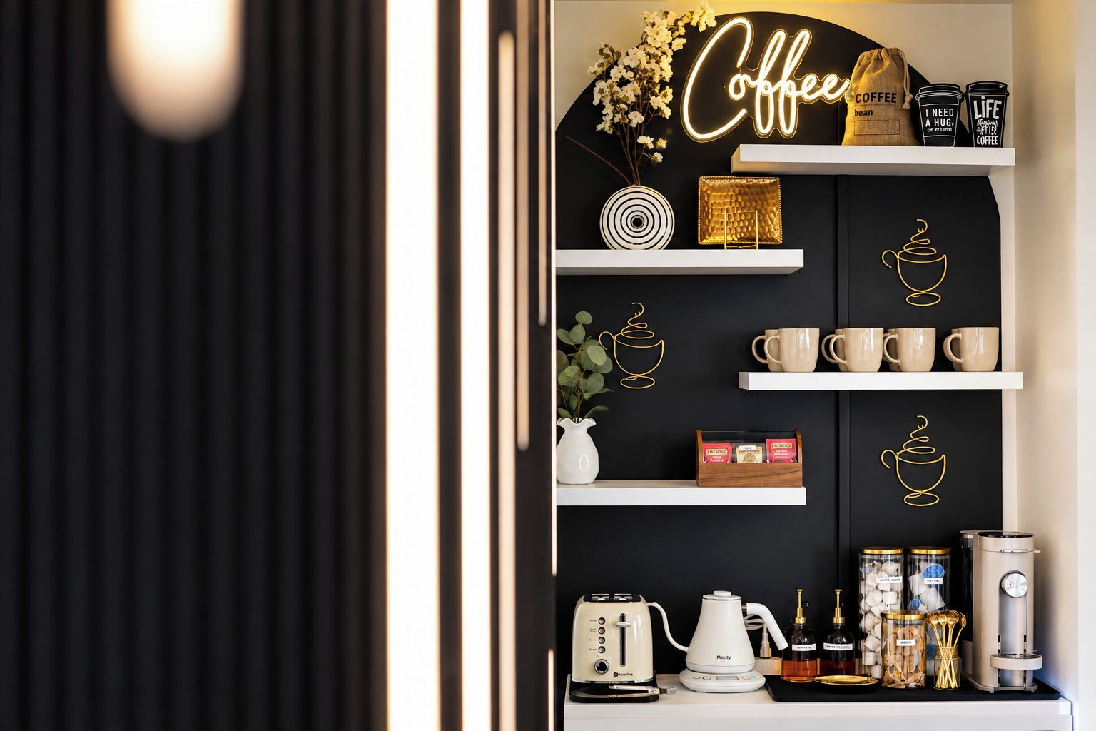 A coffee-themed display with shelves, coffee cups, and a coffee machine.