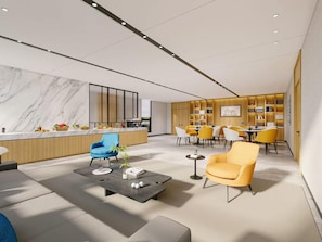 A modern interior with a marble wall, a bar area, and a seating area with yellow chairs. - AII Seasons Beijing Campbell Street Hotel (Guangzhou)