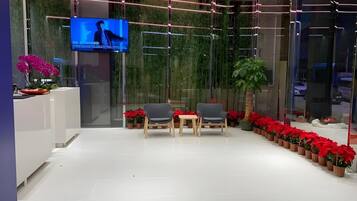 A reception area with a TV, seating, and potted plants.