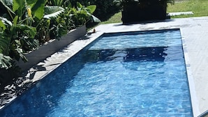 Una piscina rectangular con agua cristalina, rodeada por un deck con baldosas y abundante vegetación.