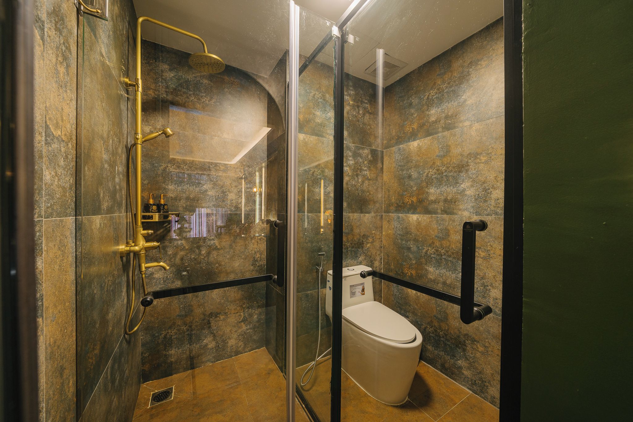 Un baño moderno con ducha envuelta en vidrio, inodoro blanco y barandilla.