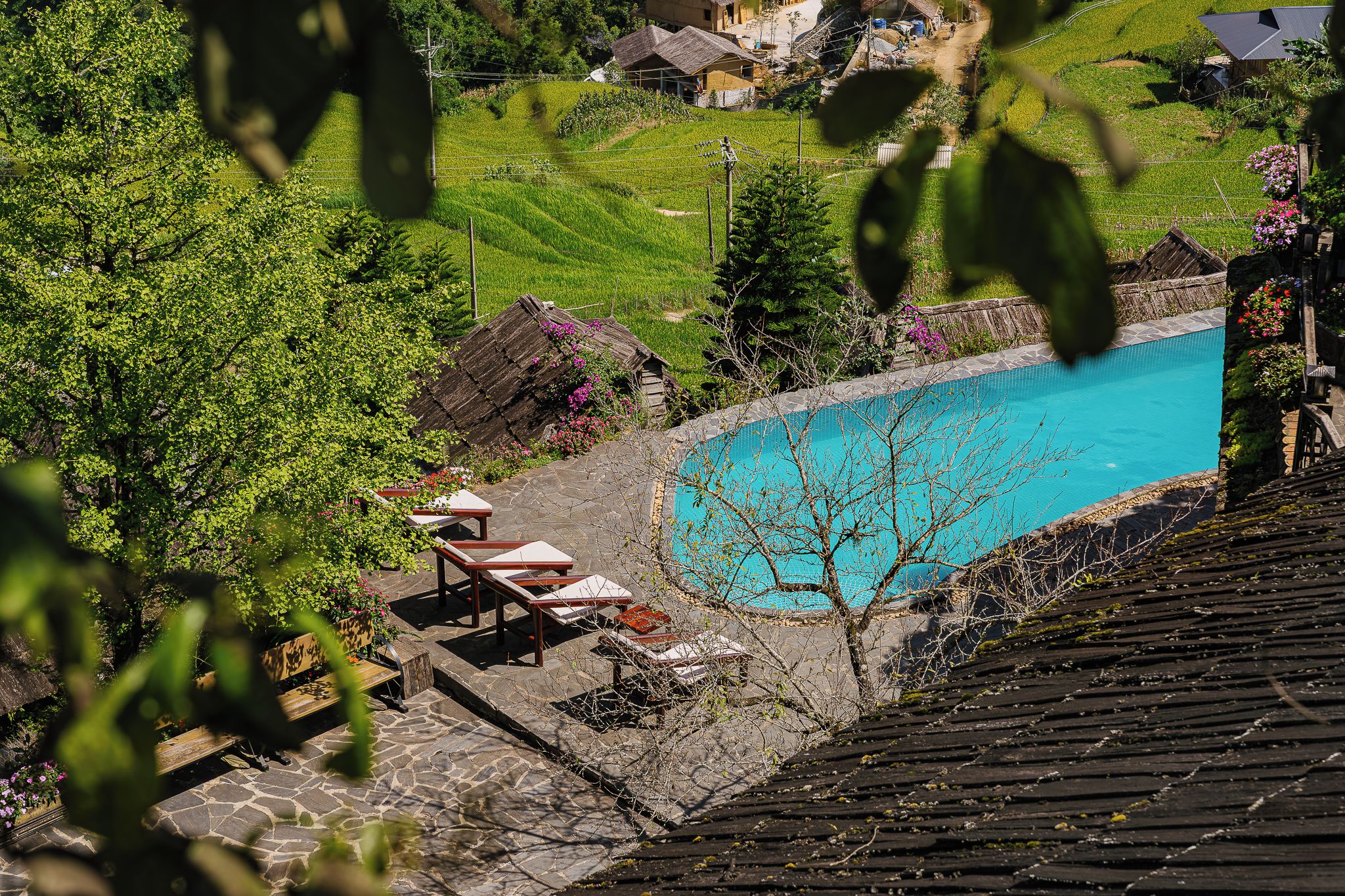 Una piscina con solárium de piedra, rodeada de follaje y algunas sillas de descanso.