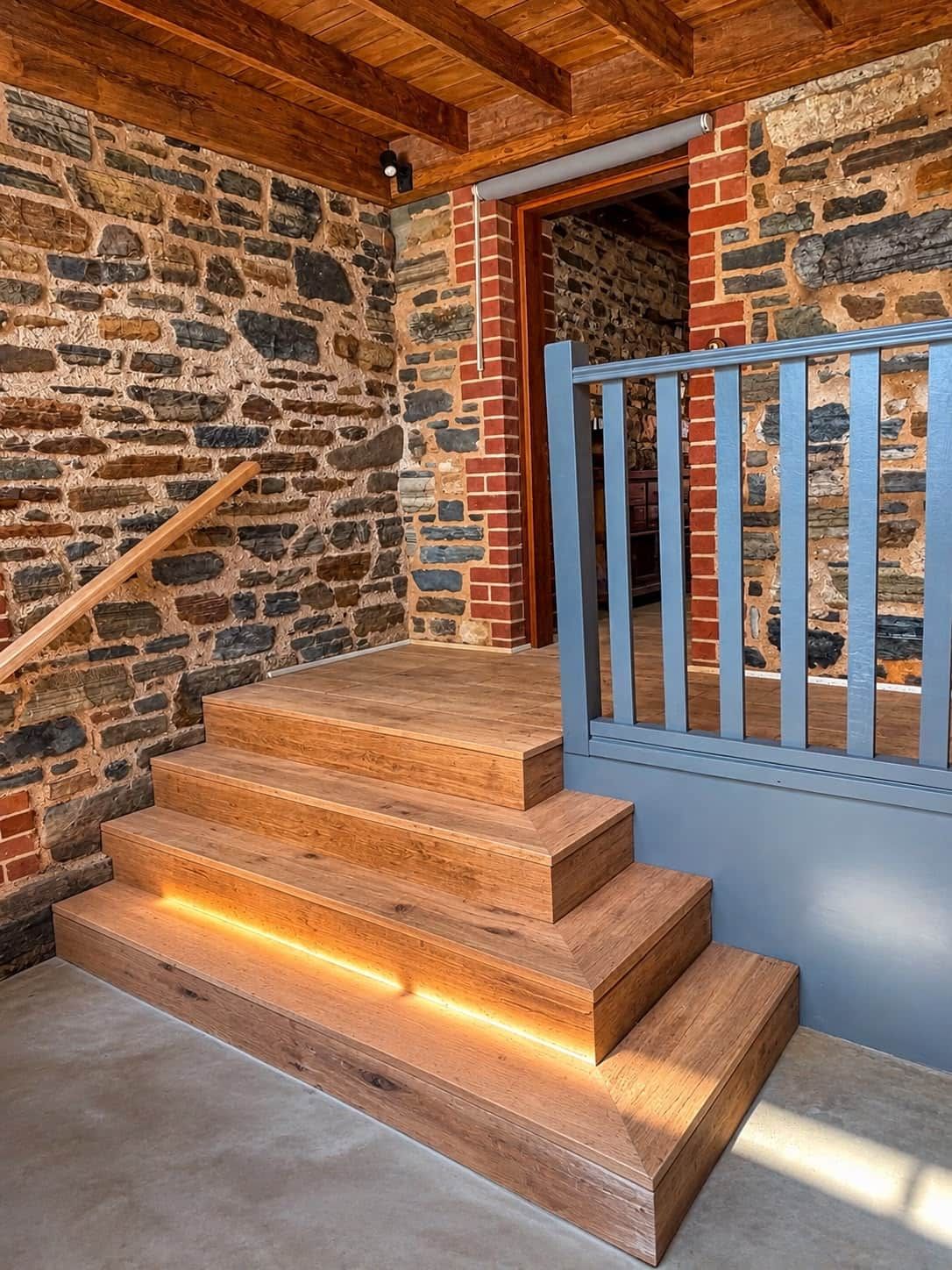 A staircase with wooden steps and a metal railing leading to a doorway.