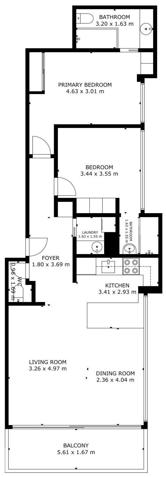 A floor plan with a primary bedroom, secondary bedroom, bathroom, living room, dining room, balcony, foyer, and kitchen.