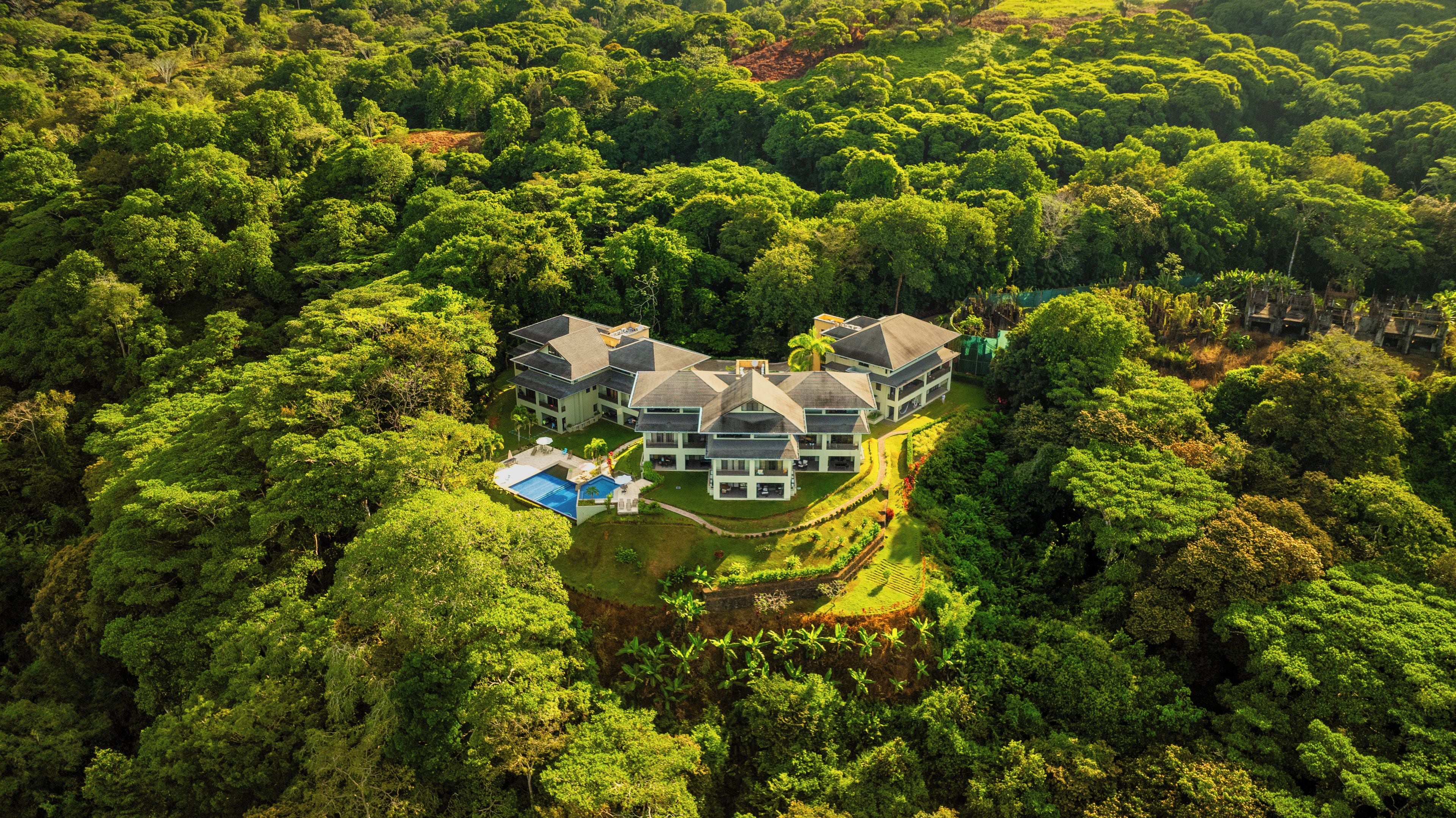 Une grande maison à étages, entourée d’une forêt dense, avec une piscine et une pelouse bien entretenue.