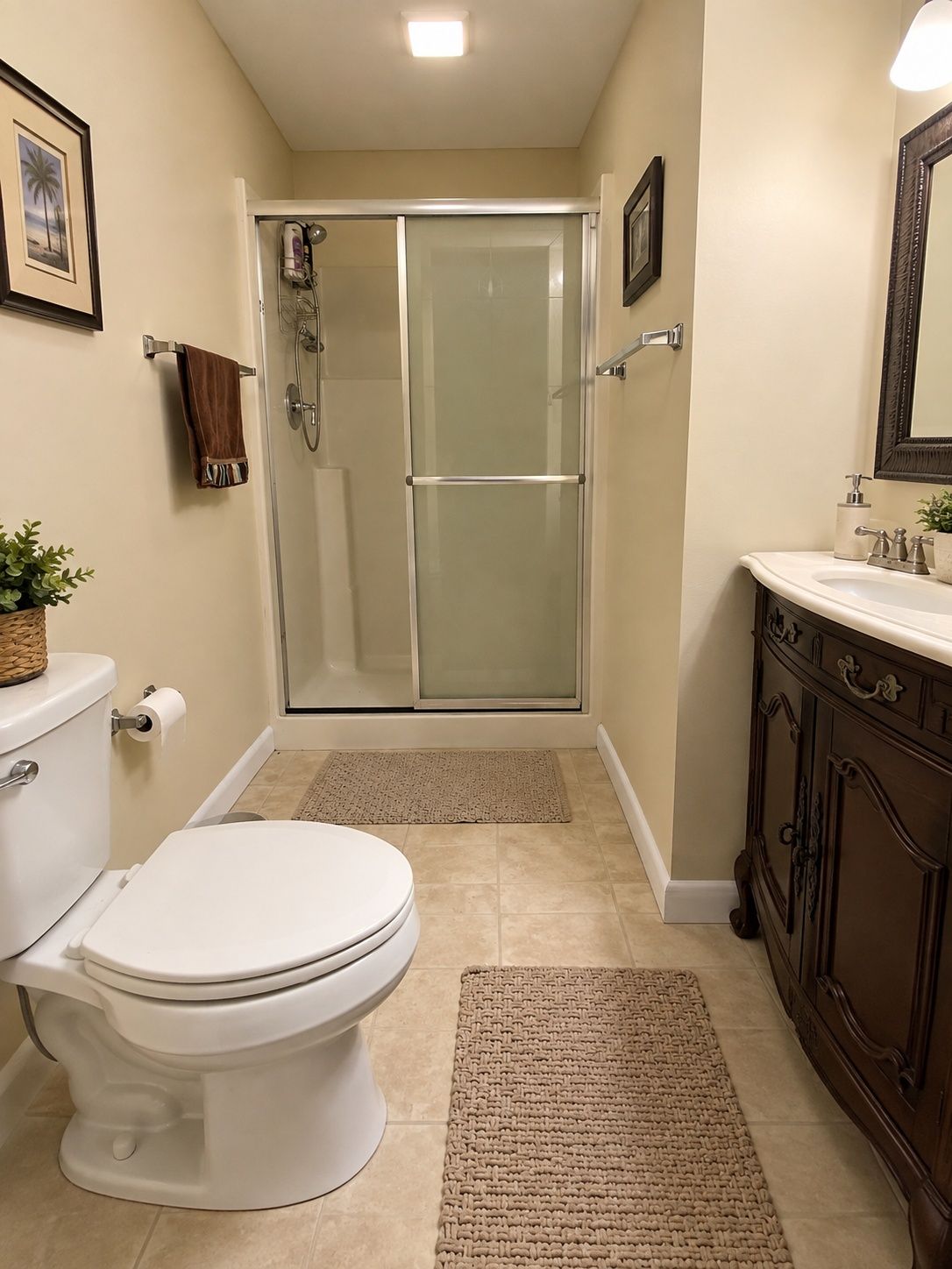 Un baño con inodoro, ducha con puerta de vidrio, lavabo con espejo y un perchero para toallas.