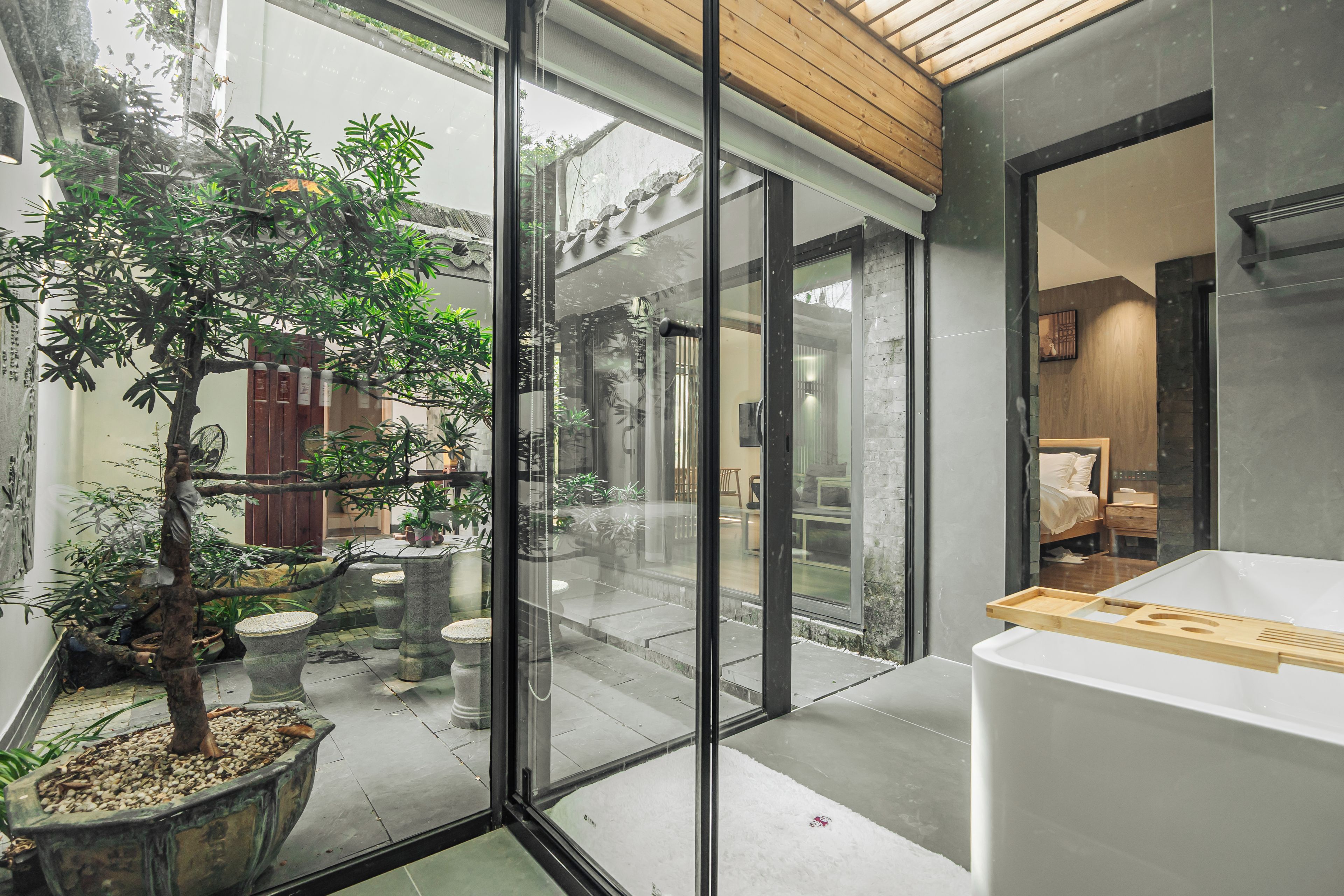 Un interior moderno con una puerta de vidrio que da a un patio con un árbol y plantas en macetas.