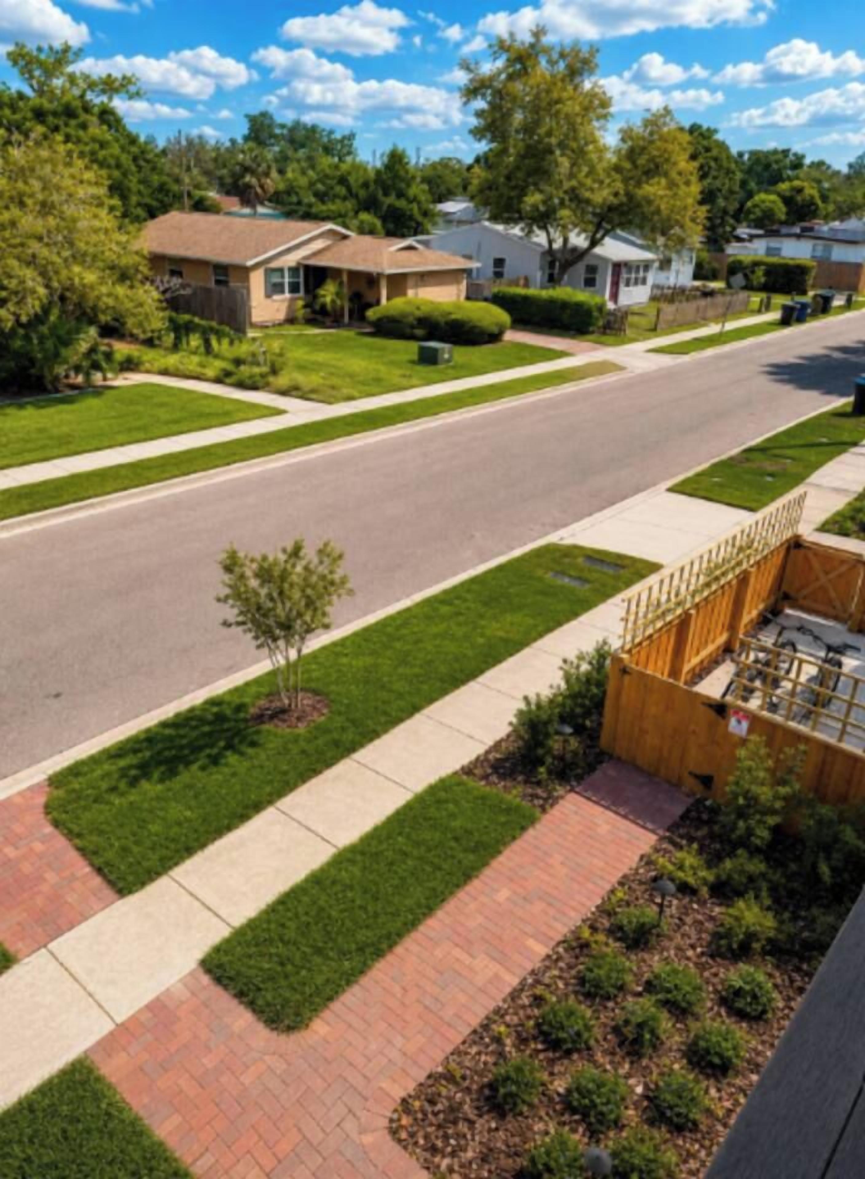 A residential street with houses, a sidewalk, and a grassy area.