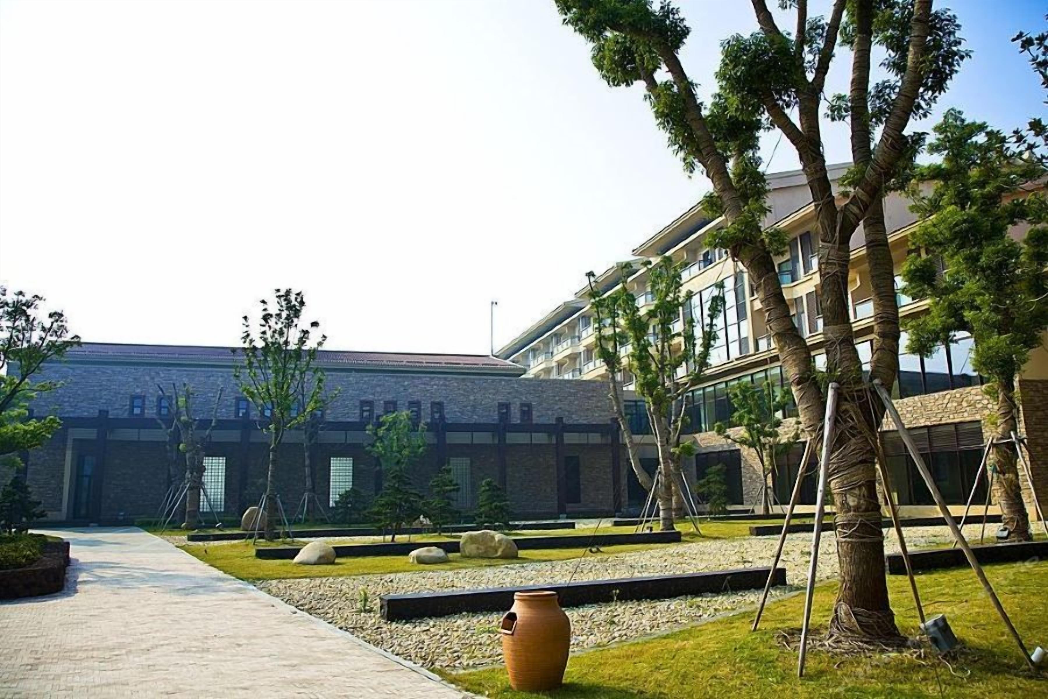 A courtyard with a building, trees, and a pathway.