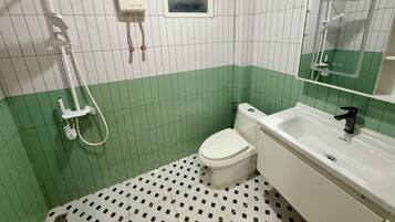 A bathroom with a toilet, a sink, a handheld showerhead, and a mirror.
