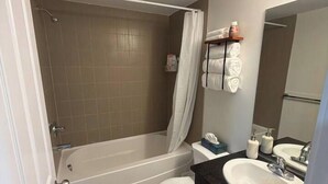 Un baño con bañera, inodoro, lavabo y espejo.