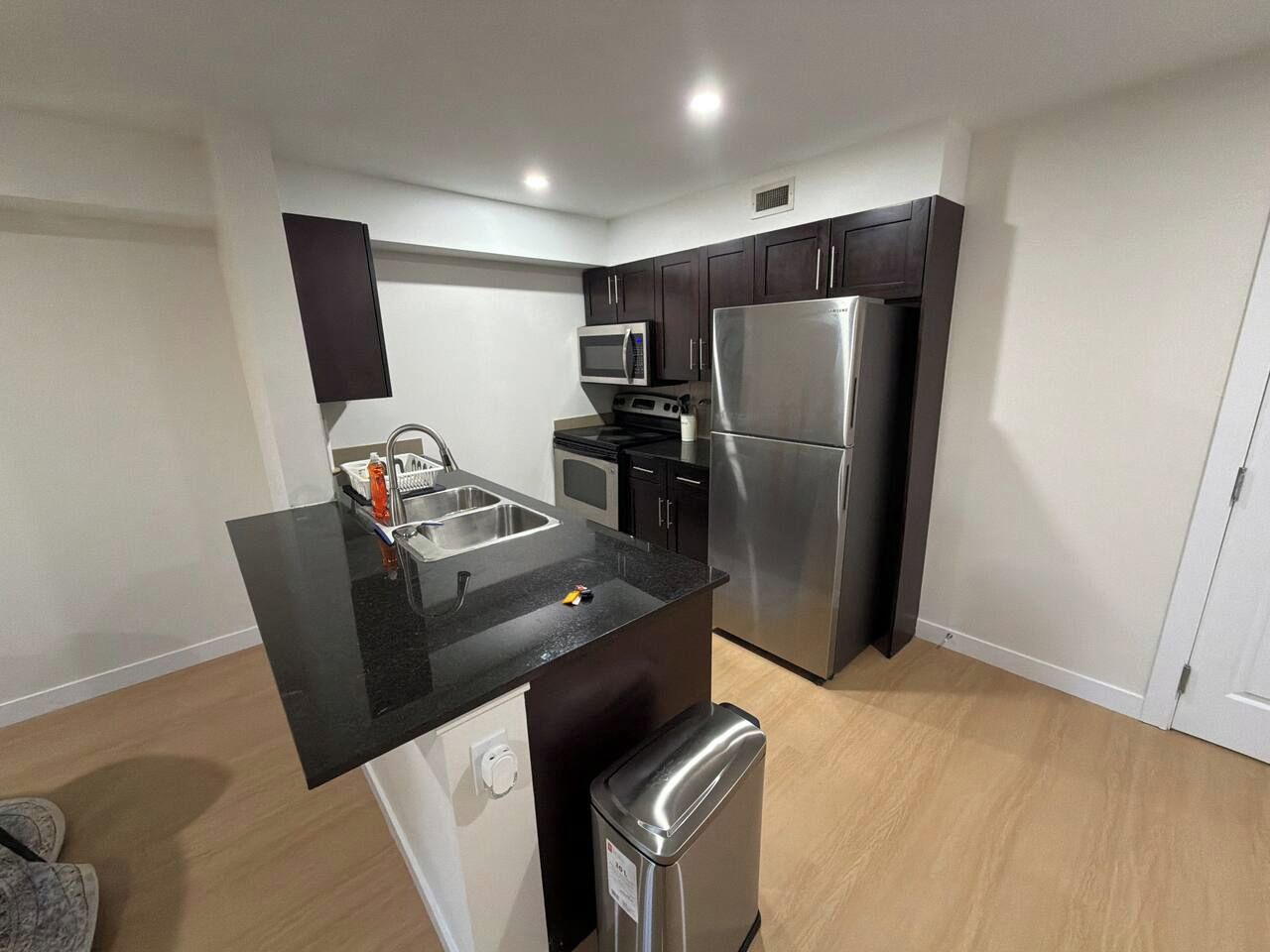 A compact kitchen with a black countertop, stainless steel appliances, and dark wooden cabinets.