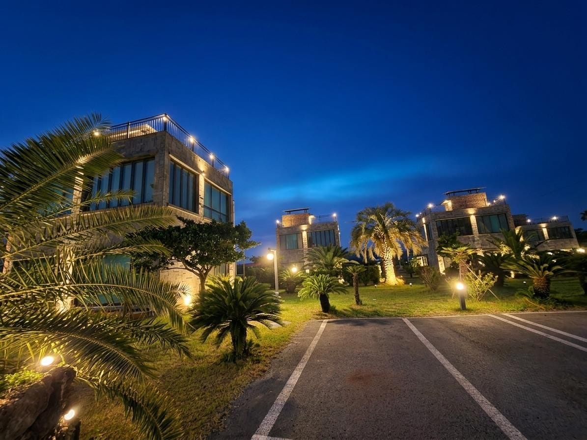 A modern building with a paved driveway and palm trees.