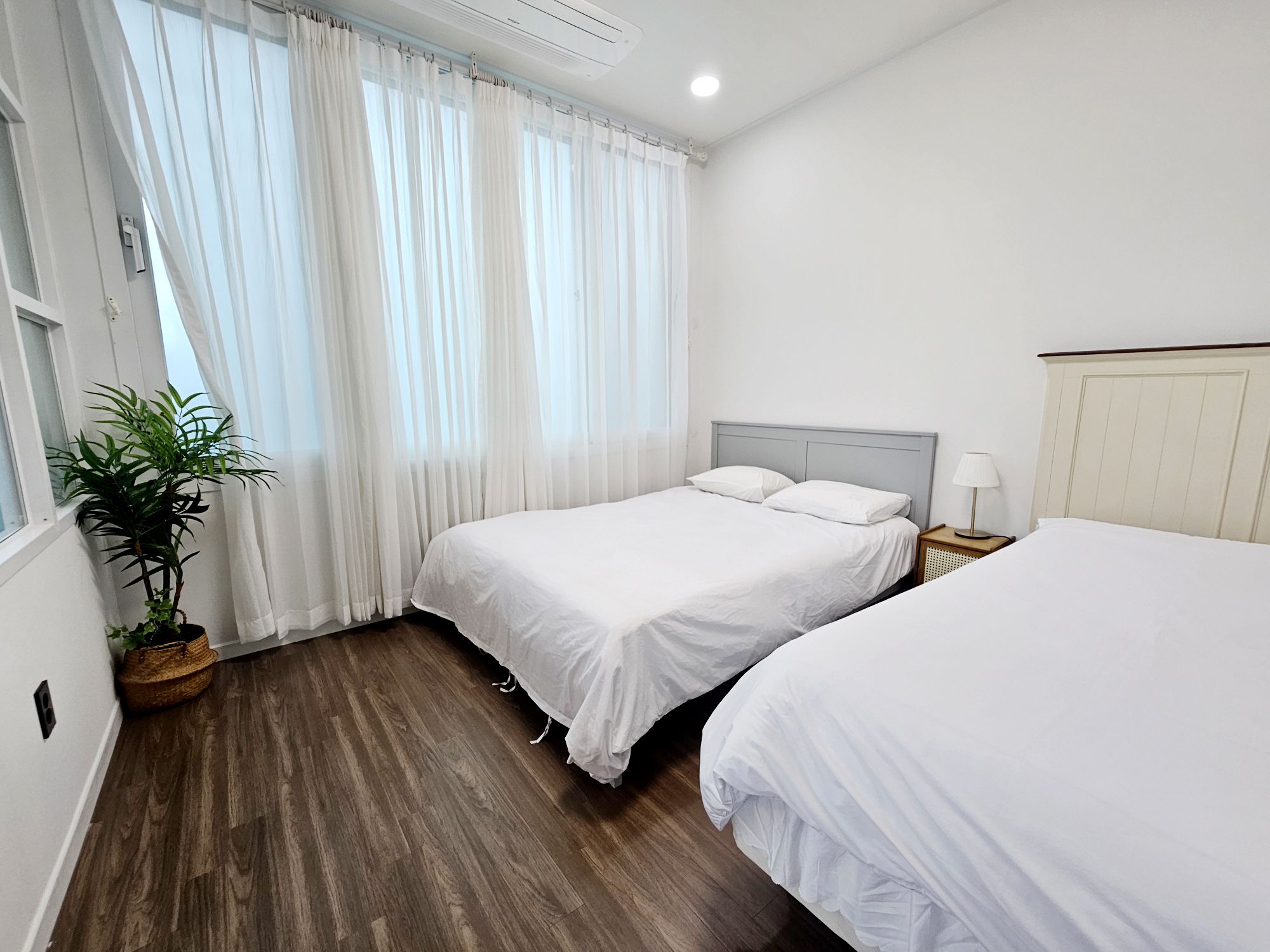 A hotel room with two beds, a potted plant, and a window with curtains.