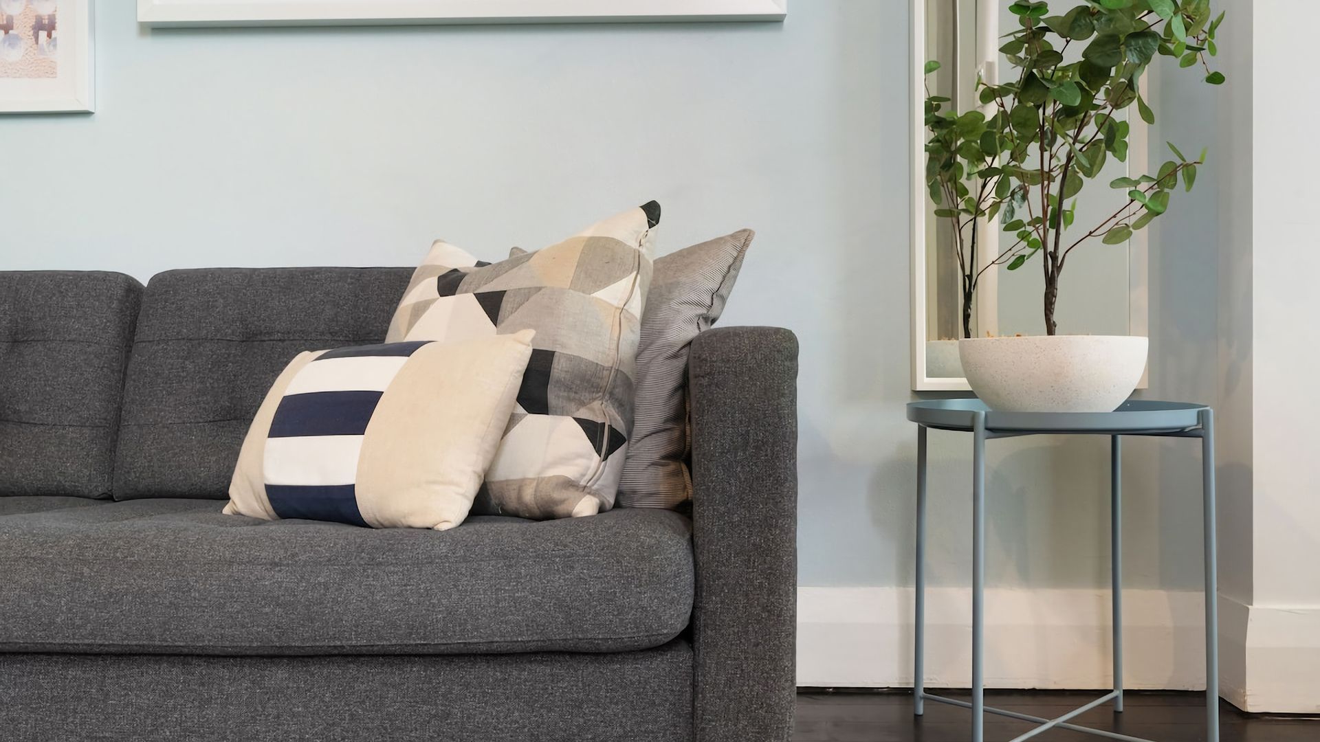 A grey sofa with multiple cushions, a potted plant on a side table, and a framed picture on the wall.
