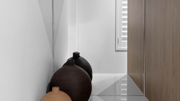 A modern interior with a reflective floor, a wooden door, and two large vases against a white wall. - Spacious North Bondi Apt w Balcony near beach (Bondi Beach)