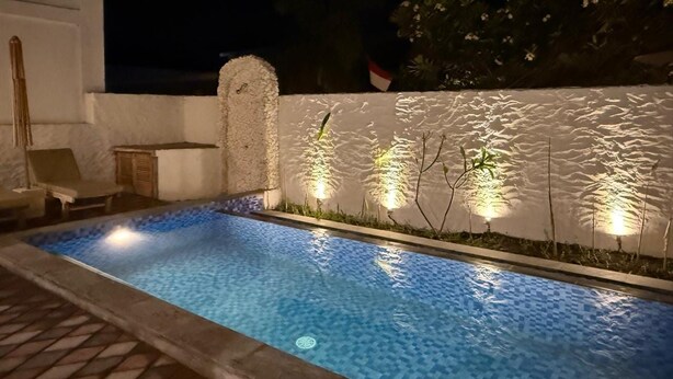 Una piscina con pared texturizada y pequeñas plantas, rodeada de piso de ladrillo.