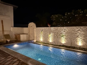 A swimming pool with a textured wall and small plants, surrounded by a brick floor. - Villa Basheera (Gili Trawangan)