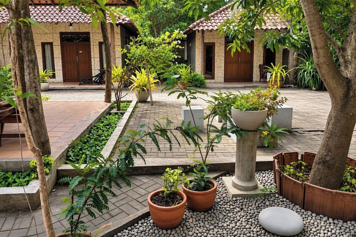 Un patio con plantas en macetas, un sendero de piedra y un edificio tradicional con techo de tejas.