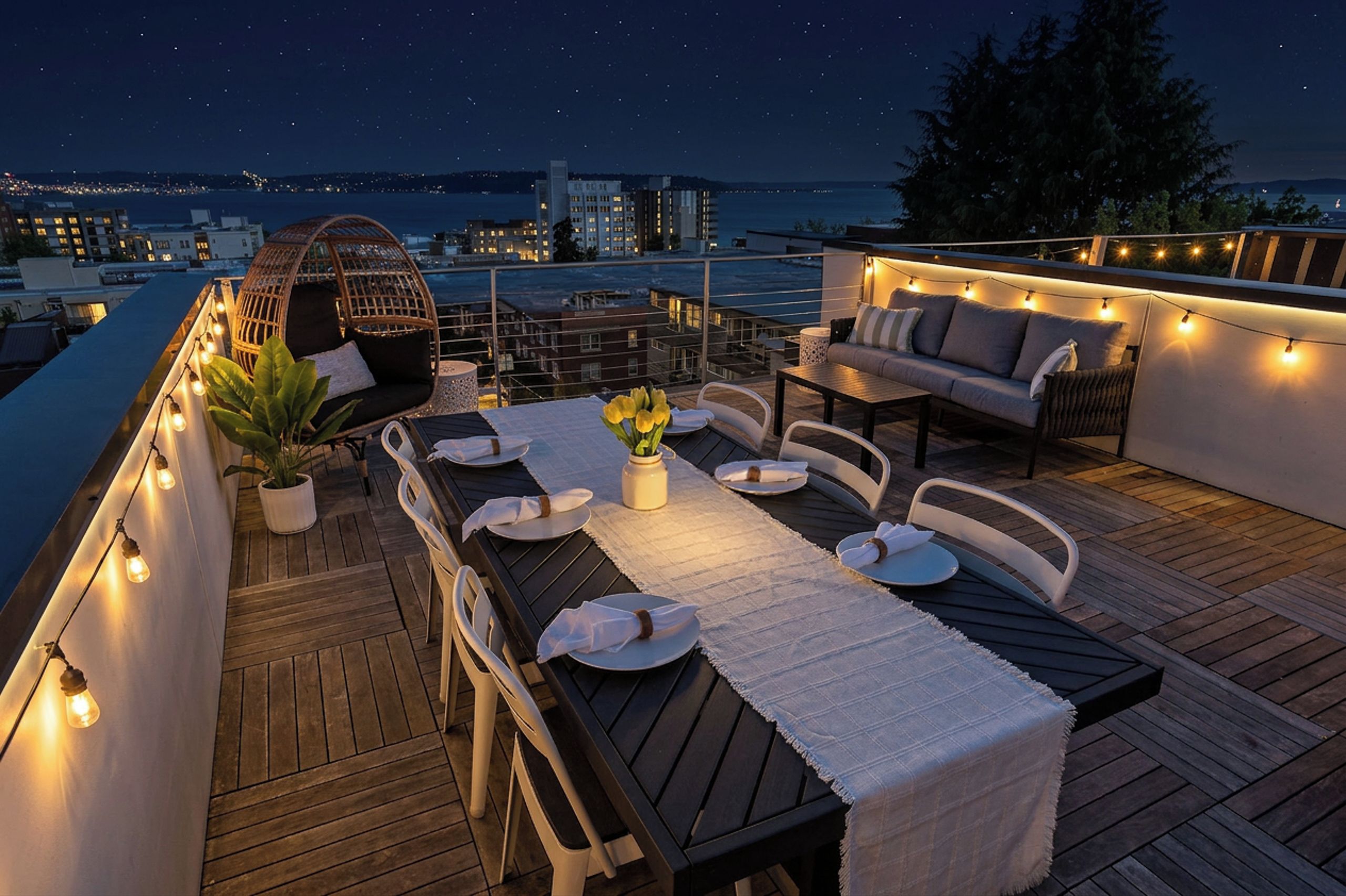 An outdoor dining area with a wooden deck, a table set for two, and string lights.