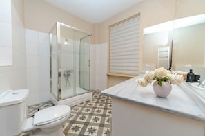 A bathroom with a glass shower enclosure, a toilet, a patterned floor, and a vanity with a vase of flowers. - Spacious 3BR, 2-Bath Ground-Floor Apartment in Central Istanbul (İstanbul)