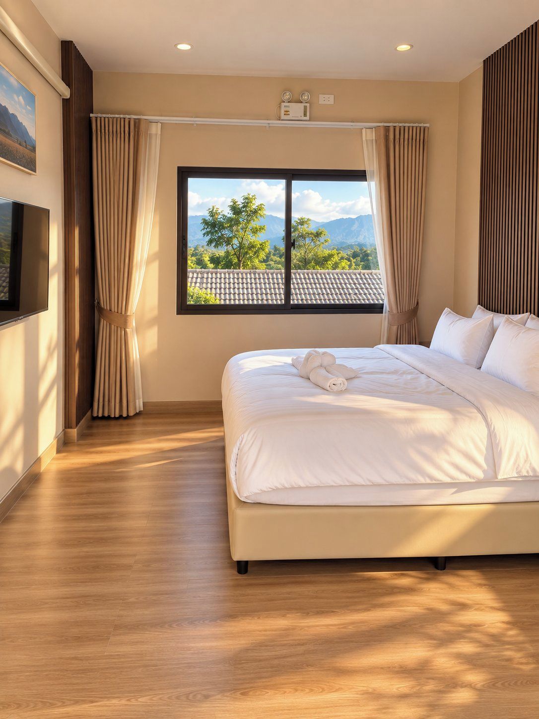 Habitación de hotel con una cama grande, televisión, ventana con cortinas y vistas a montañas.