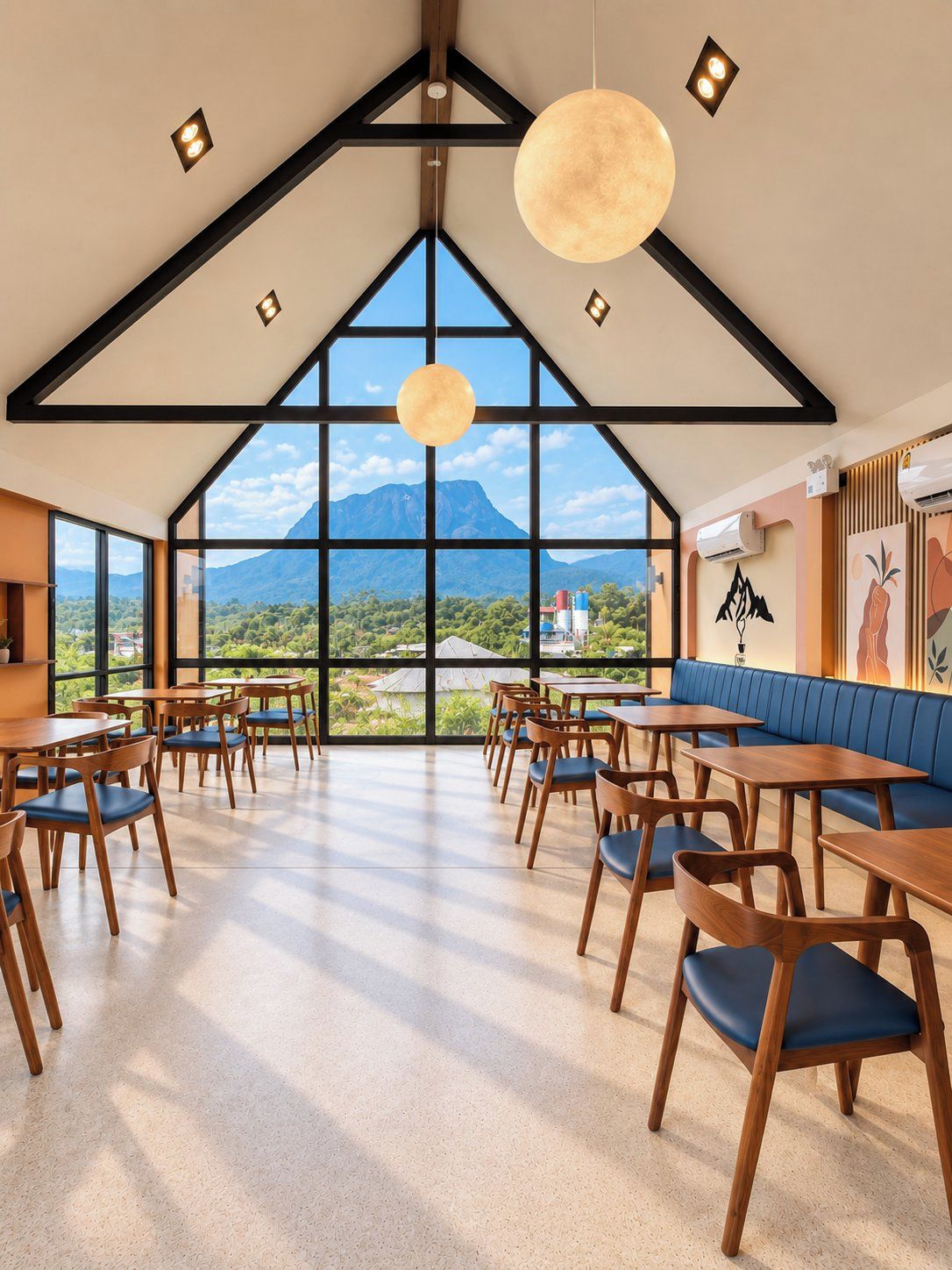 A spacious dining area with high ceilings and large windows offering a mountain view. Tables and chairs are arranged for dining.