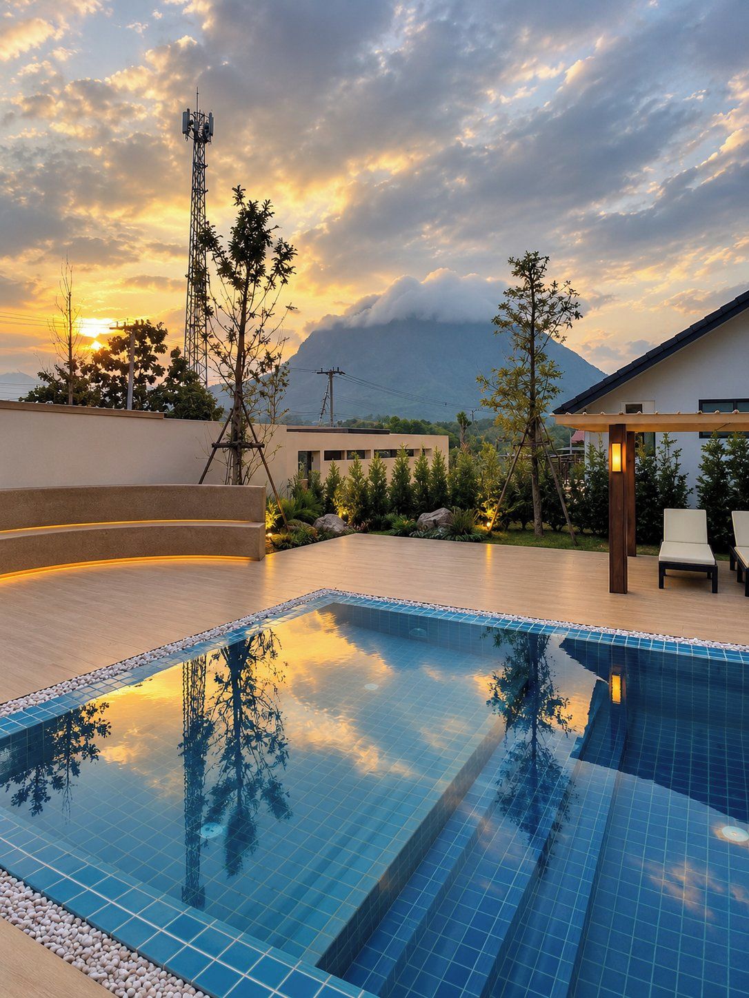 A swimming pool with a clear view of a mountain in the background, surrounded by trees and a modern building.
