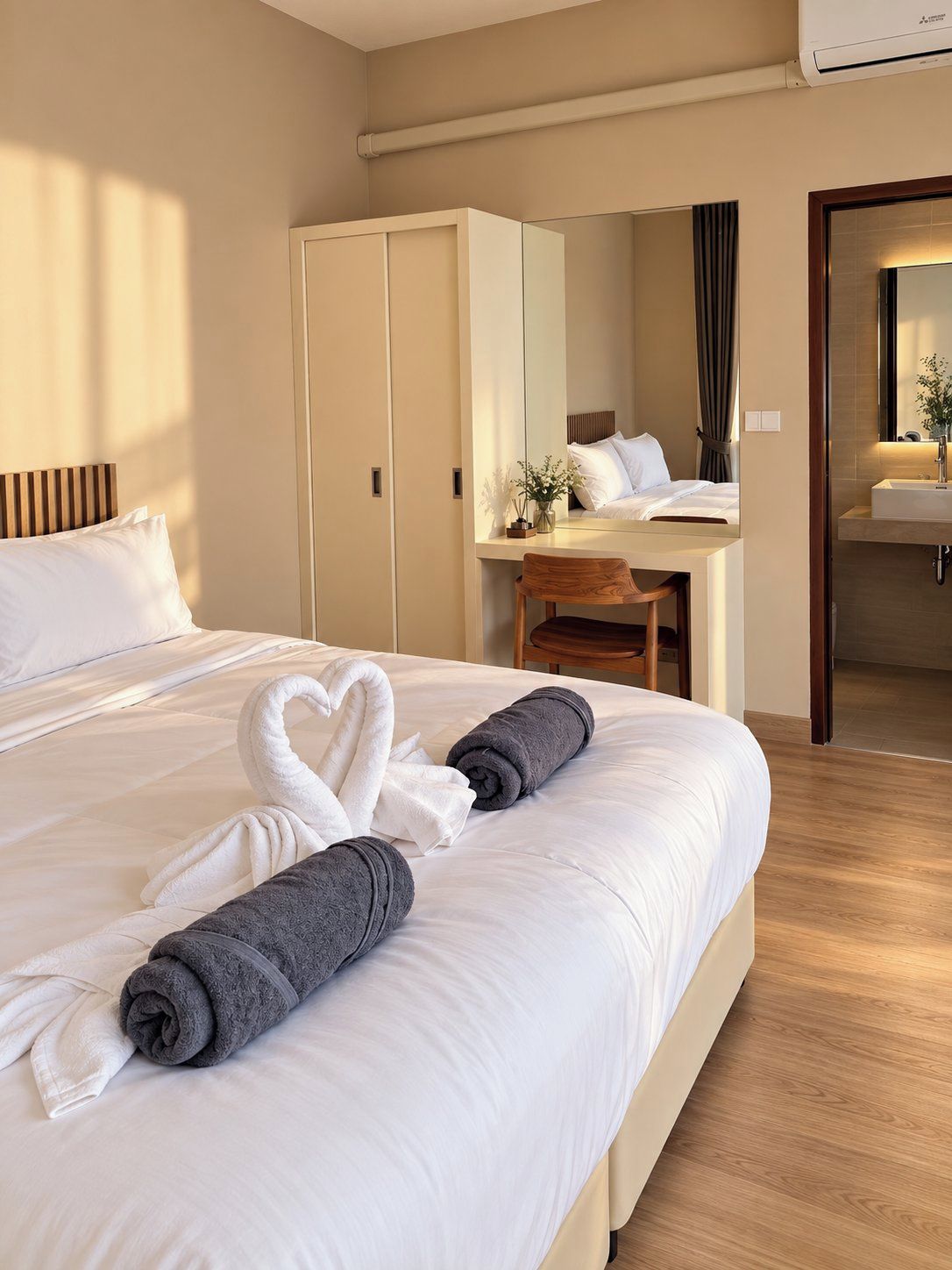 A hotel room with a bed, a desk, a wardrobe, and a bathroom.