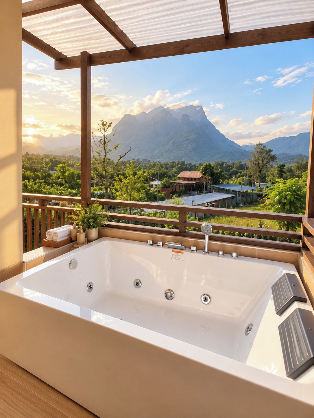 A hot tub with a view of mountains and greenery.