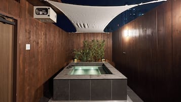 Ein Wellnessbereich mit Whirlpool, Holzwänden und einer Bambuspflanze.