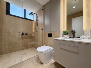 Un baño moderno con ducha de vidrio, inodoro blanco y tocador con lavamanos y espejo.