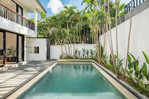 Ein moderner Poolbereich mit einem rechteckigen Pool, umgeben von weißen Wänden und tropischer Bepflanzung.