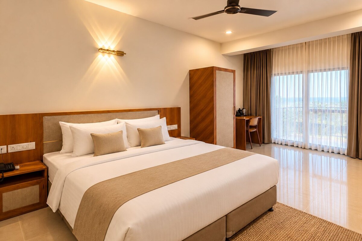 Quarto casal premium | Escrivaninha, espaço de trabalho para notebook
