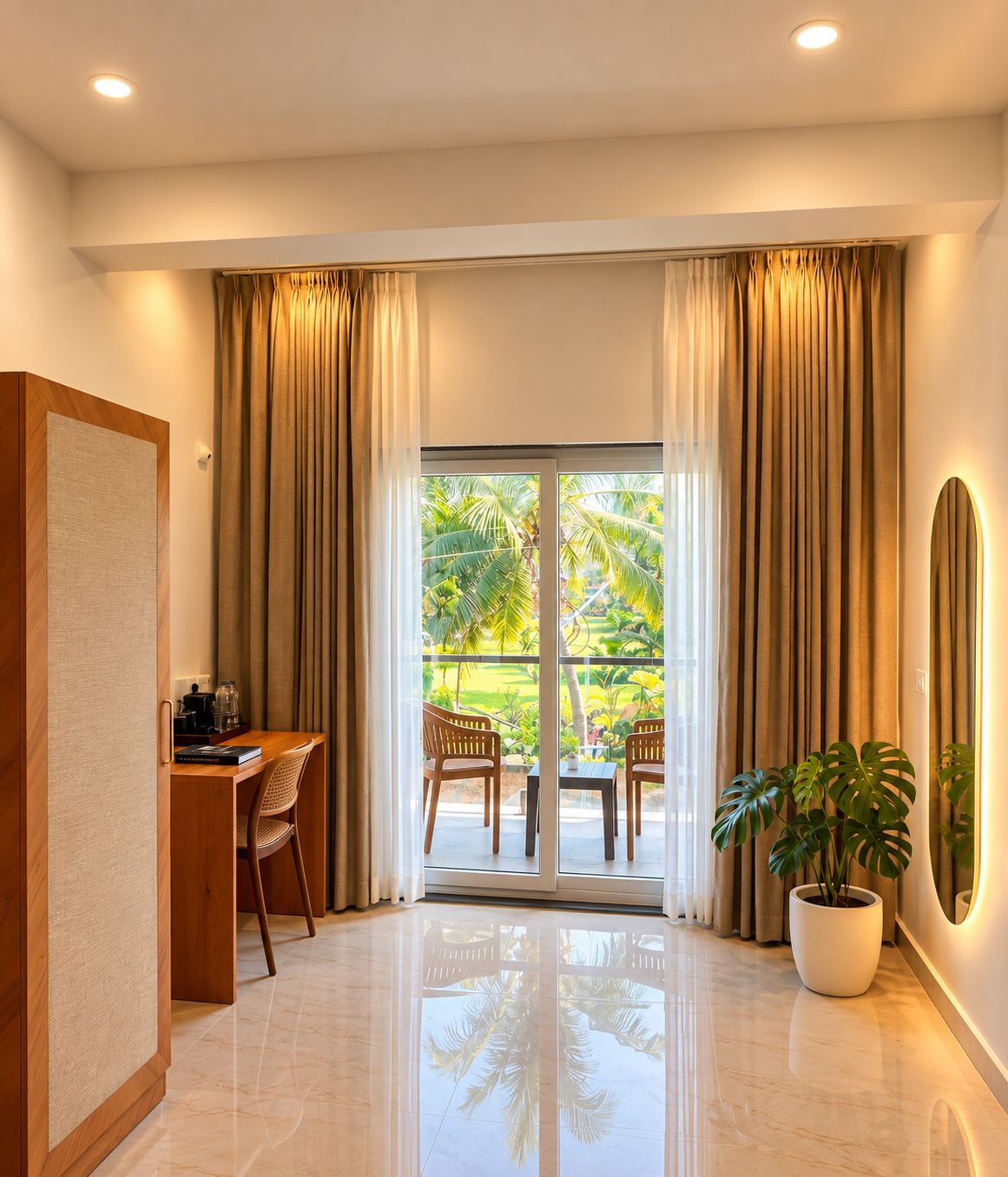 Habitación de hotel moderna con puerta de vidrio corredera a un balcón, un escritorio de madera, una silla y una planta en maceta.