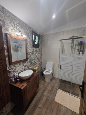 A bathroom with a wooden vanity, a large sink, a toilet, and a glass shower enclosure. - Oniropagida House in Beautiful Nature (Central Tzoumerka)