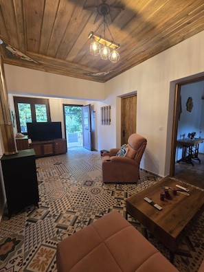 A spacious living area with a patterned floor, a comfortable sofa, a wooden coffee table, and a television in the background. - Oniropagida House in Beautiful Nature (Central Tzoumerka)