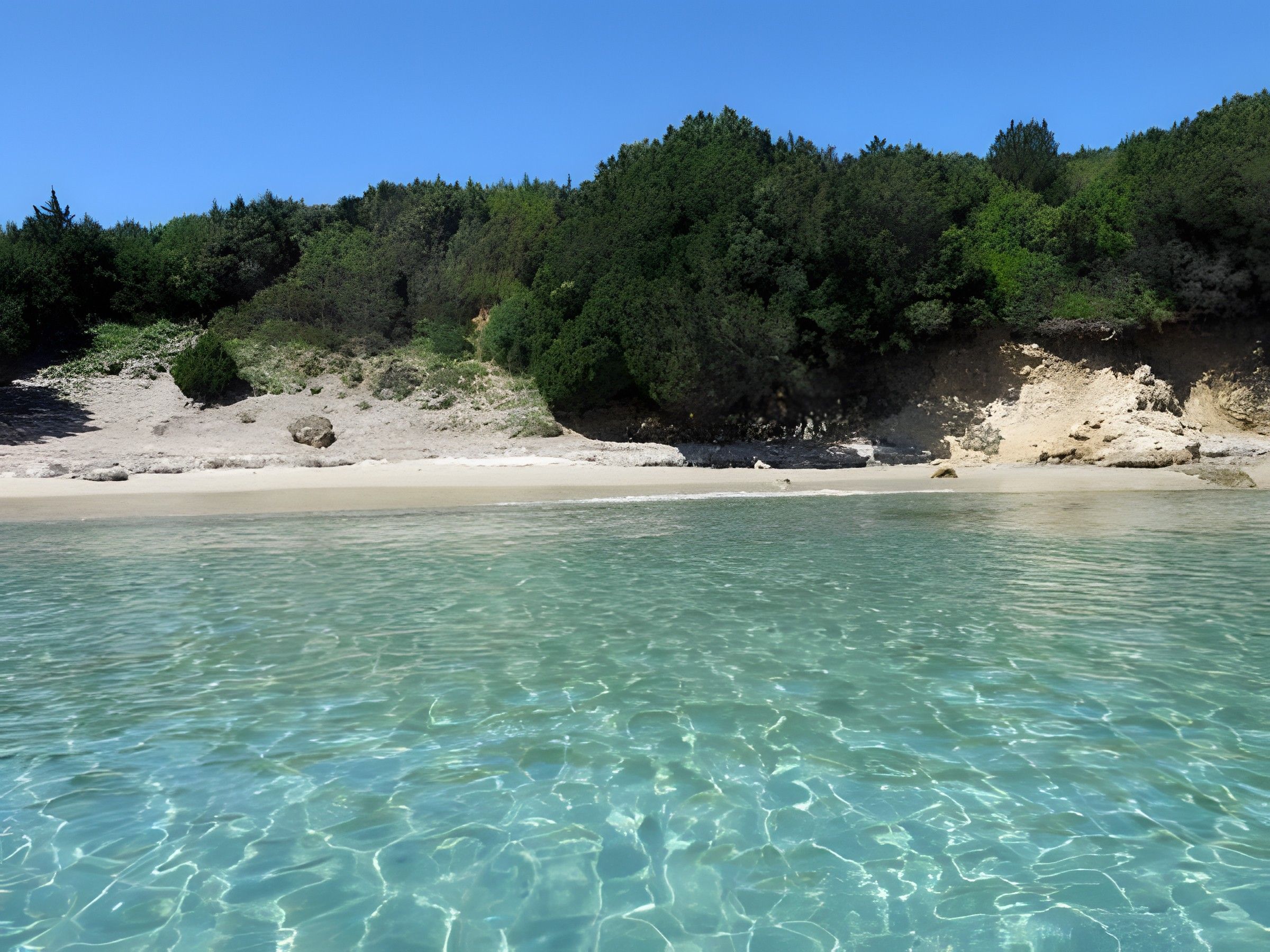 Ein Strand mit klarem türkisblauem Wasser, Sandstrand und bewaldetem Hügel.