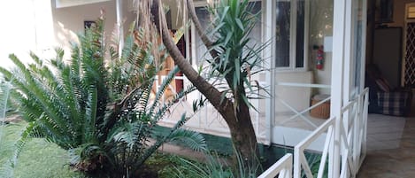 A building with a white exterior, a glass door, and a small garden area with various plants.