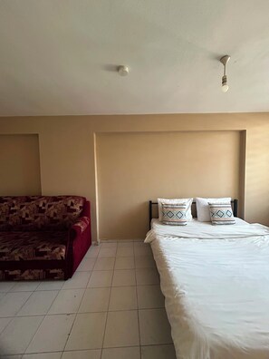 A bedroom with a bed, two pillows, a red sofa, and a ceiling light fixture.