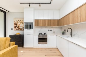 A modern kitchen with white cabinetry, a wooden accent wall, a black countertop, and a single stove. - Luxury One-Bedroom with Balcony -Unit 9 (Stellenbosch)